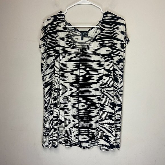 Cynthia Rowley Women 2X Blouse Black Print Stretch Short Sleeve Round Neck Tunic - Picture 1 of 8